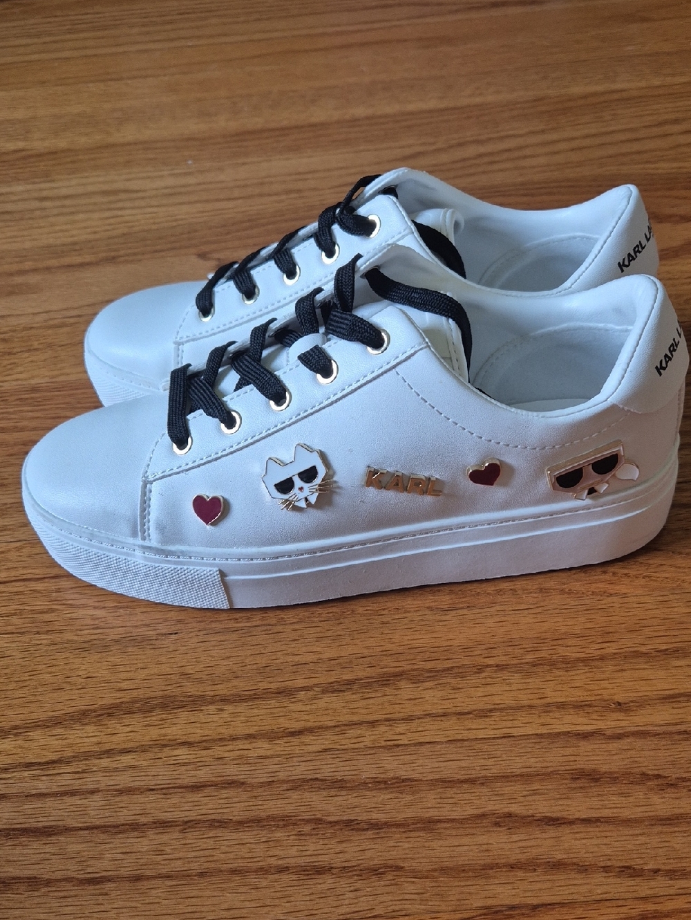 Karl Lagerfeld Women's White Sneakers with Black Laces and Decorative CharmNWOB
